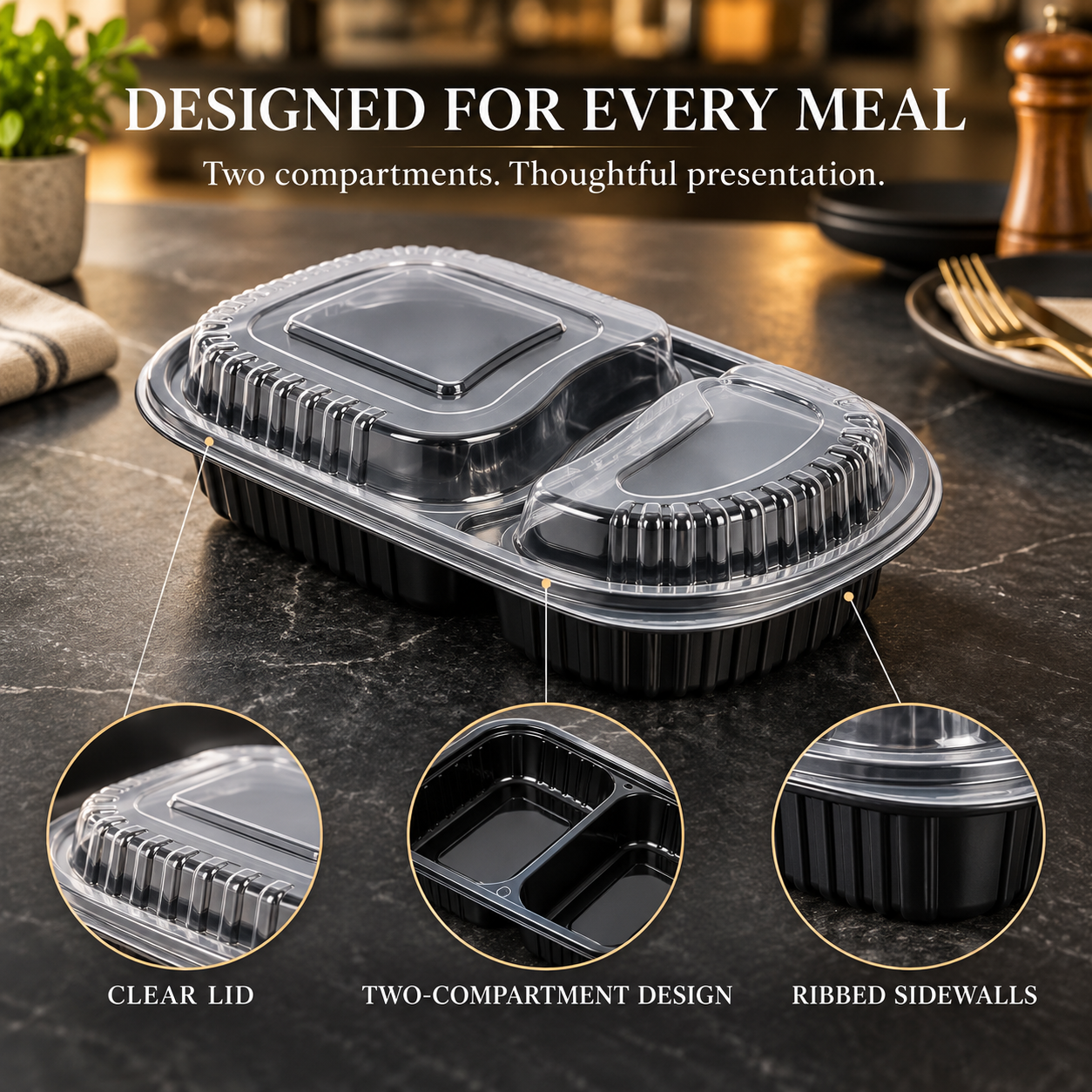 600ml PP 2-Compartment Oval Takeaway Container SKU FG-8010 - Gallery Image