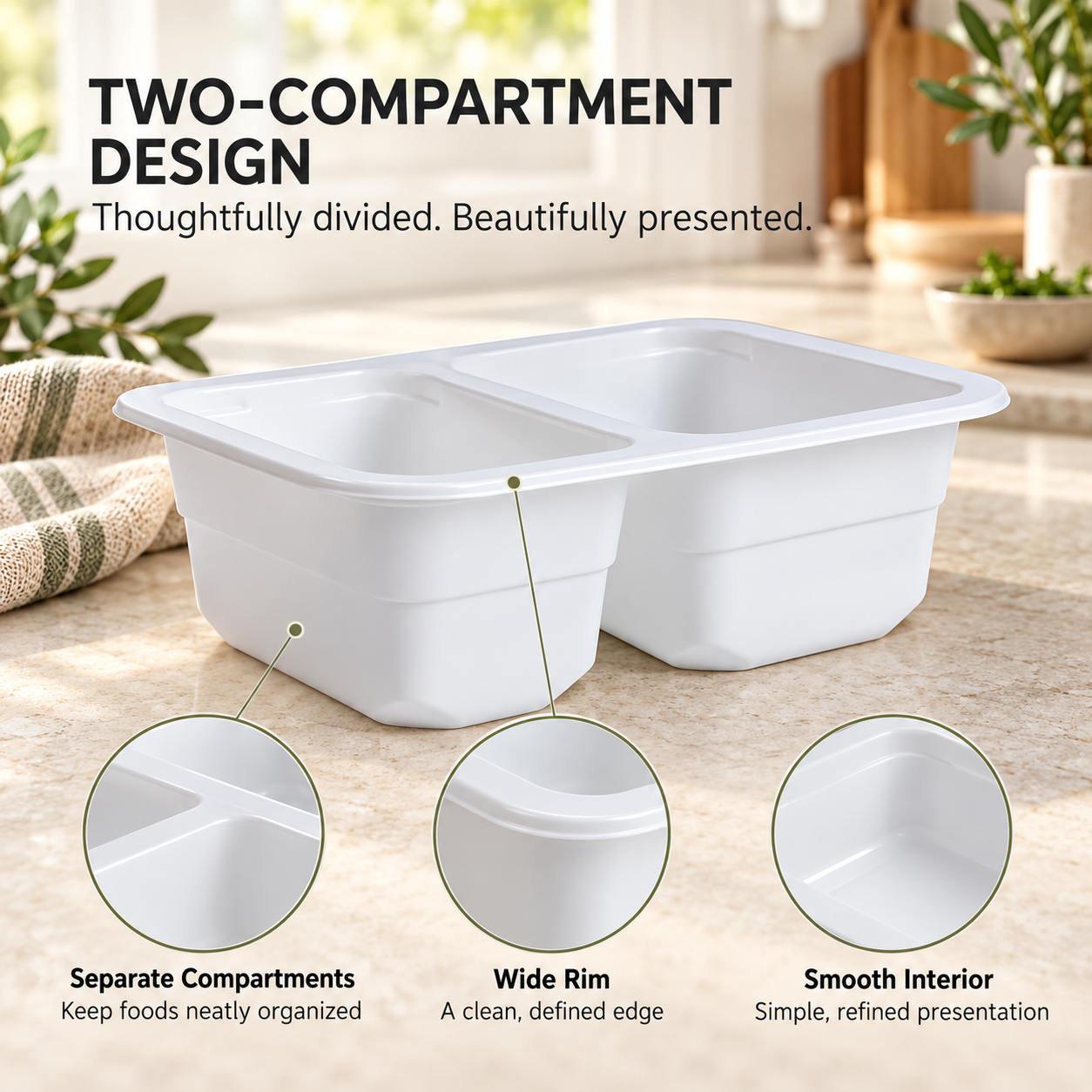 1000ml MFPP 2-Compartment Film-Seal Food Tray SKU T3-1002 - Gallery Image