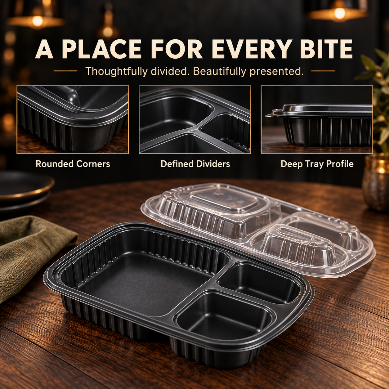 560ml PP 3-Compartment Oval Takeaway Container SKU FG-8020 - Gallery Image