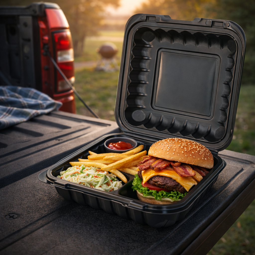 1400ml MFPP 3-Compartment Hinged Food Container SKU 903x - Gallery Image
