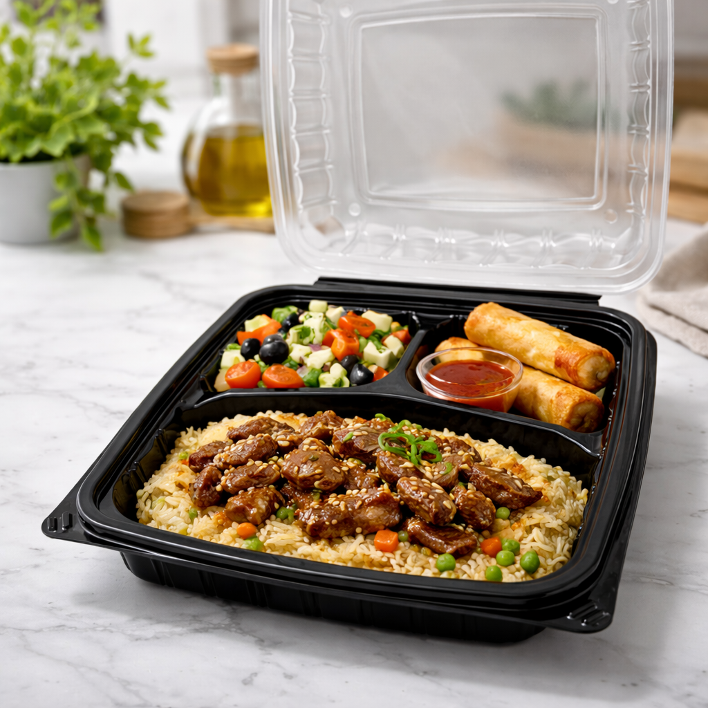 1100ml PP 3-Compartment Takeaway Container with Clear Lid SKU YR9-3 food container