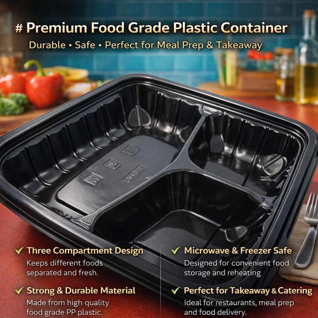 1000ml PP 3-Compartment Takeaway Container with Clear Lid SKU YR8-3 - Gallery Image