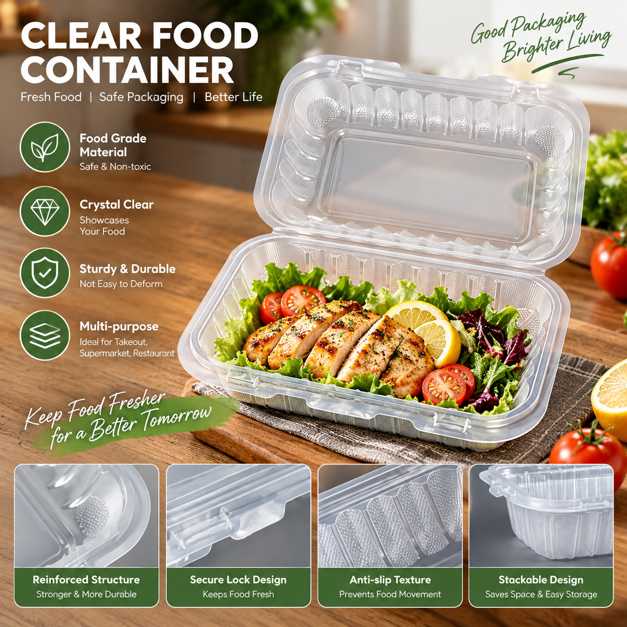 800ml PP 1-Compartment Hinged Food Container SKU 206 - Gallery Image