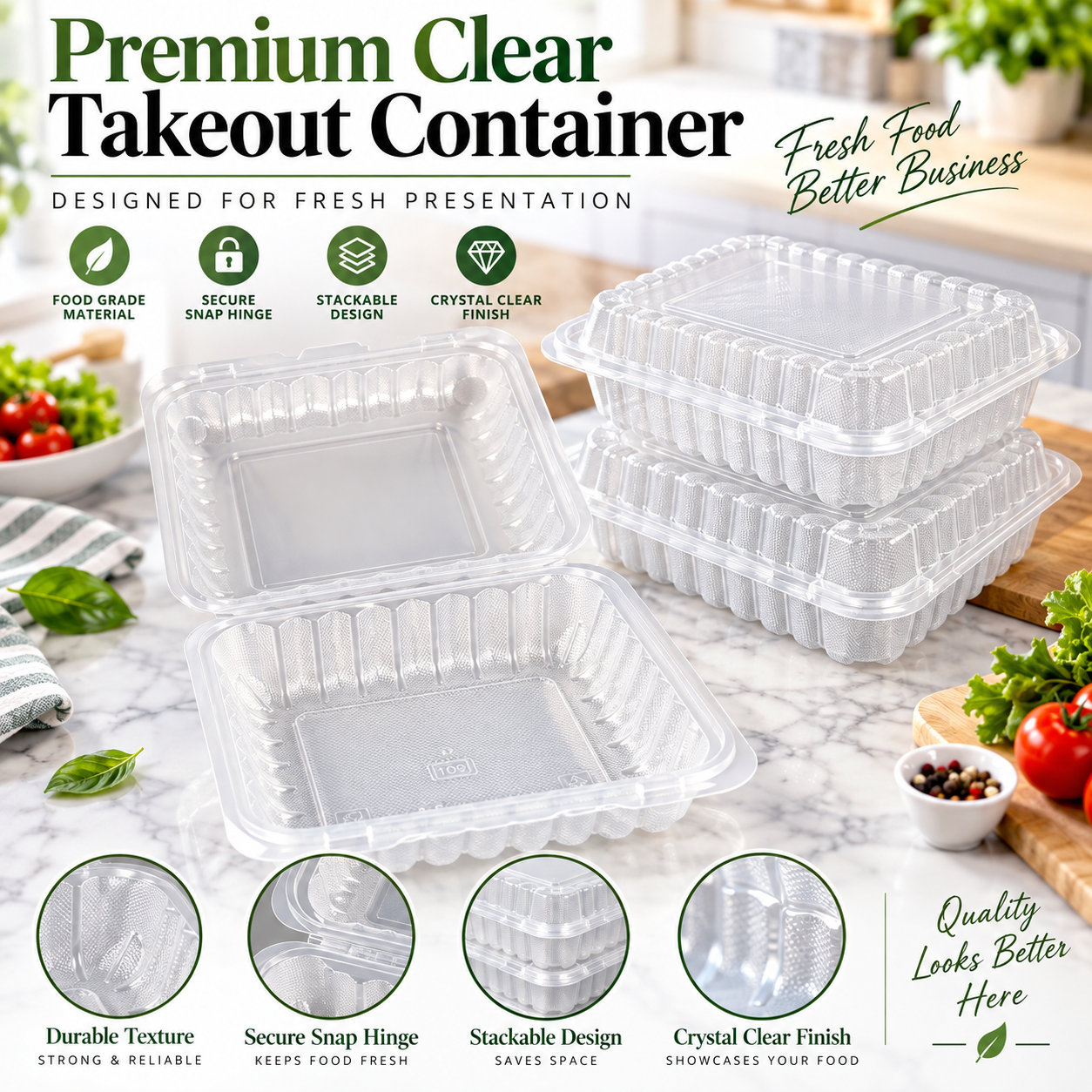 1200ml PP 3-Compartment Hinged Food Container SKU 903 - Gallery Image