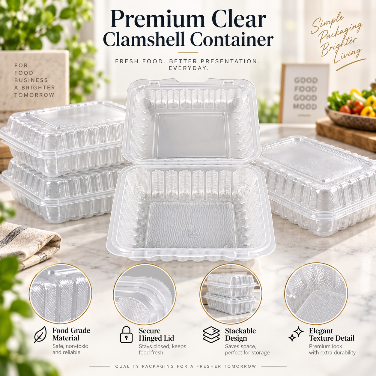 1400ml PP 3-Compartment Hinged Food Container SKU 903x - Gallery Image