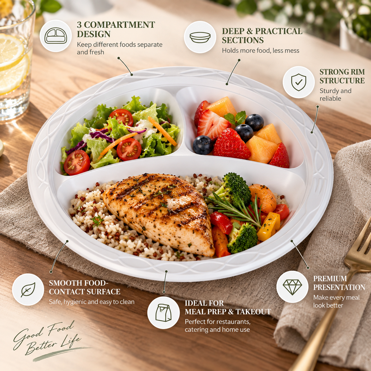 MFPP 3-Compartment Disposable Food Plate SKU P1-093-PT5 - Gallery Image