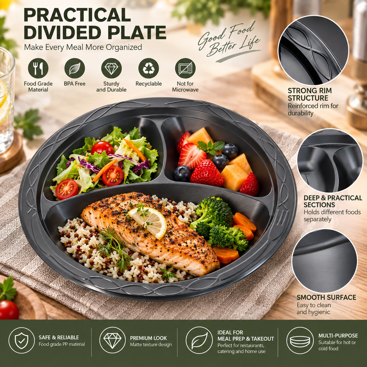 MFPP 3-Compartment Disposable Food Plate SKU P1-093-PT5 - Gallery Image