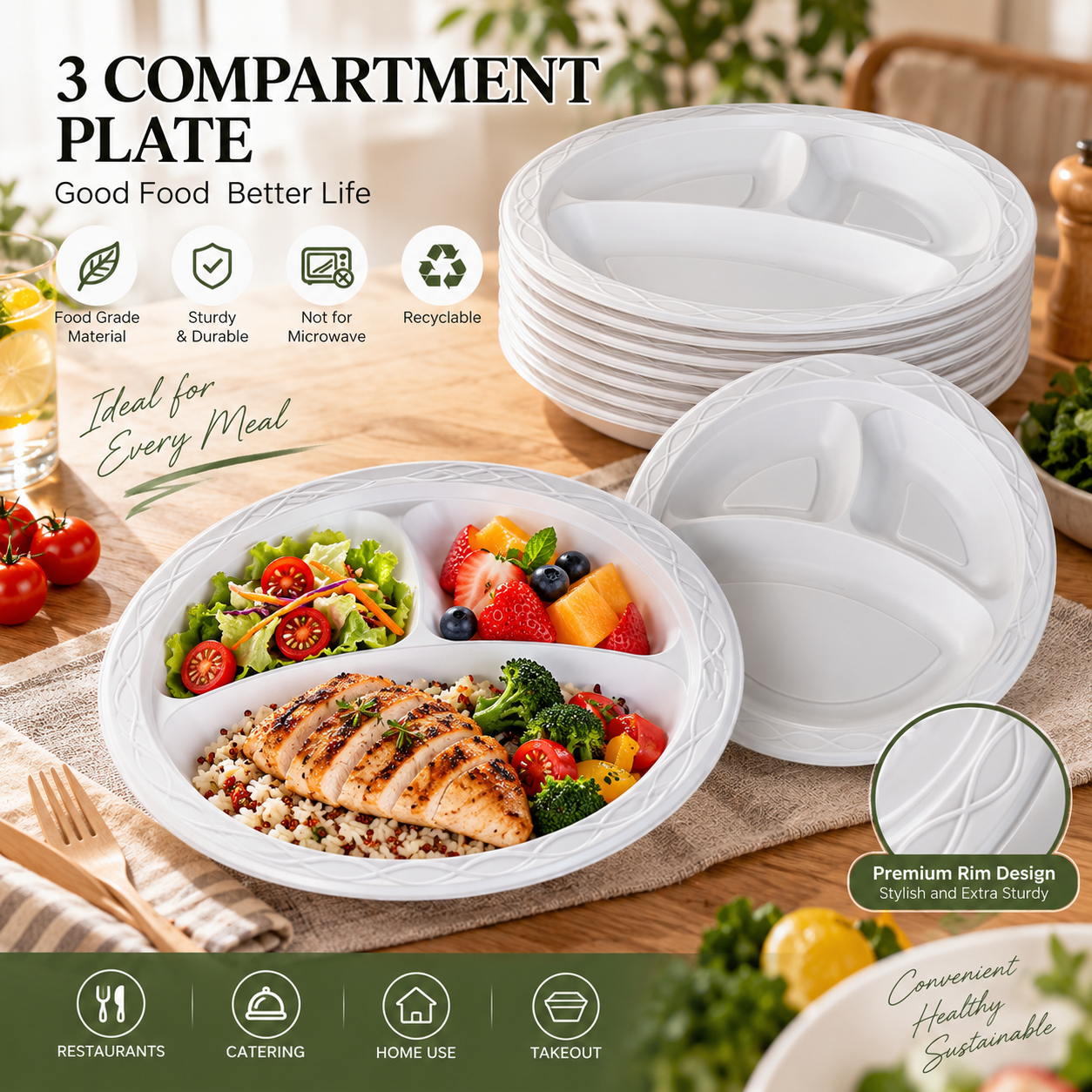 MFPP 3-Compartment Disposable Food Plate SKU P1-093-PT5 - Gallery Image