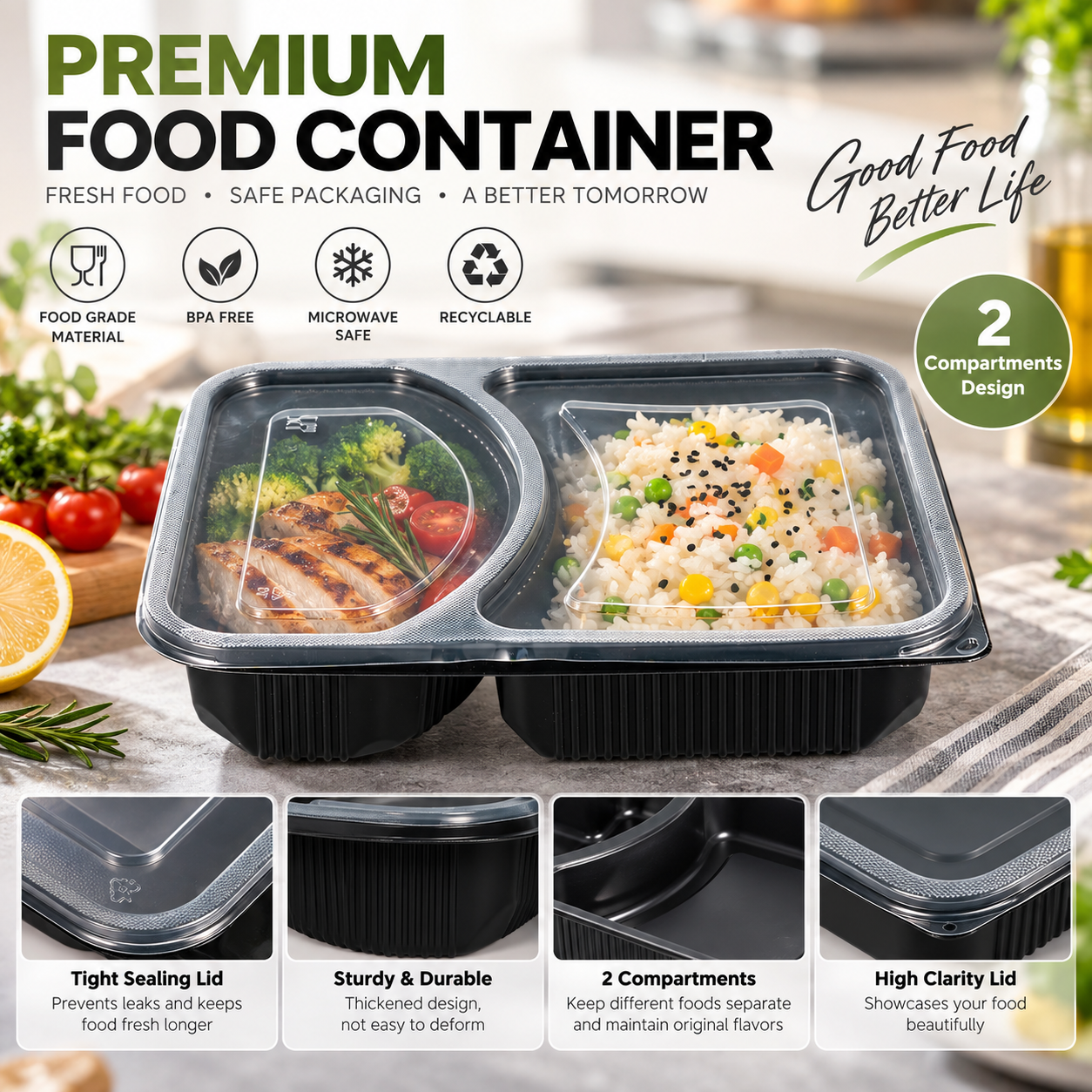 1200ml PP 2-Compartment Leak-Resistant Meal Container SKU FG2-02 - Gallery Image