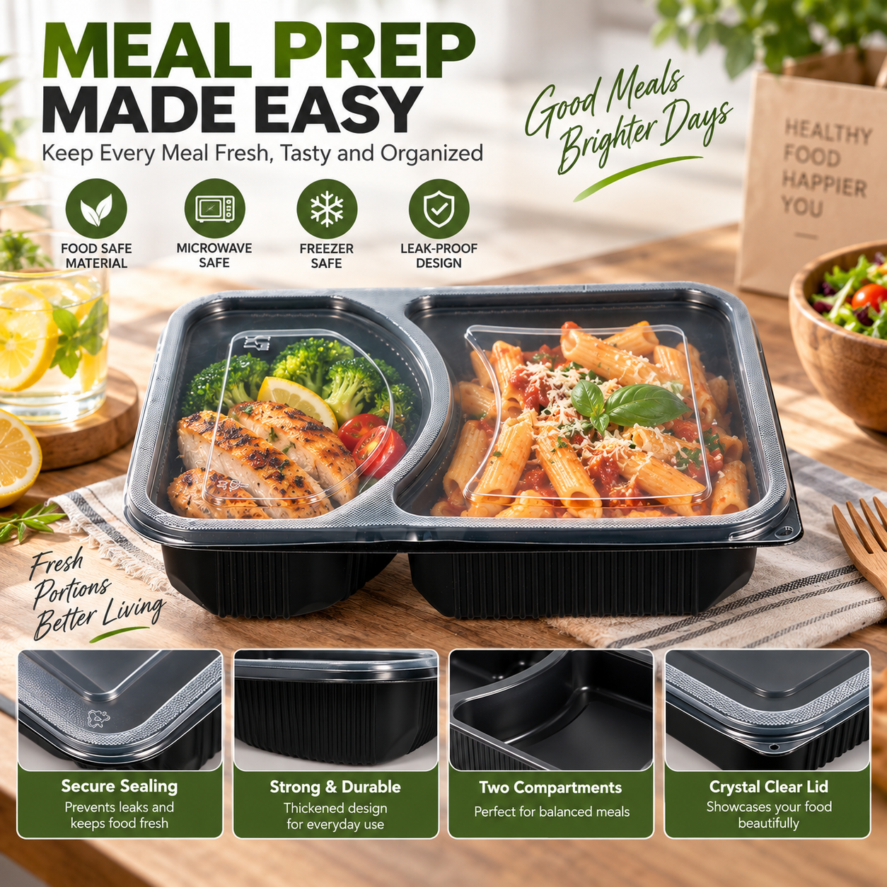 1200ml PP 2-Compartment Leak-Resistant Meal Container SKU FG2-02 - Gallery Image