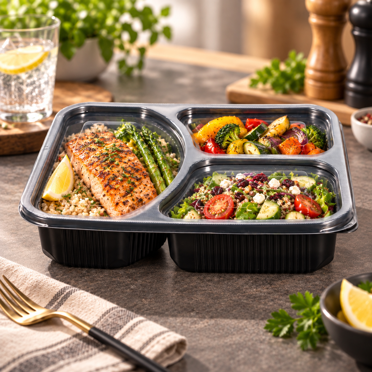 1100ml PP 3-Compartment Leak-Resistant Meal Container SKU FG2-03 food container