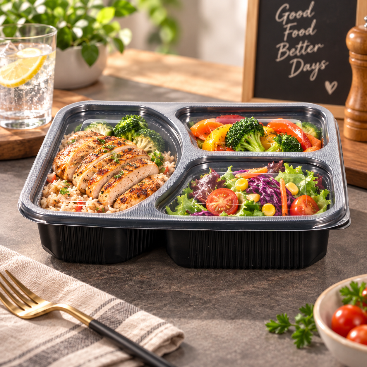 1100ml PP 3-Compartment Leak-Resistant Meal Container SKU FG2-03 - Gallery Image