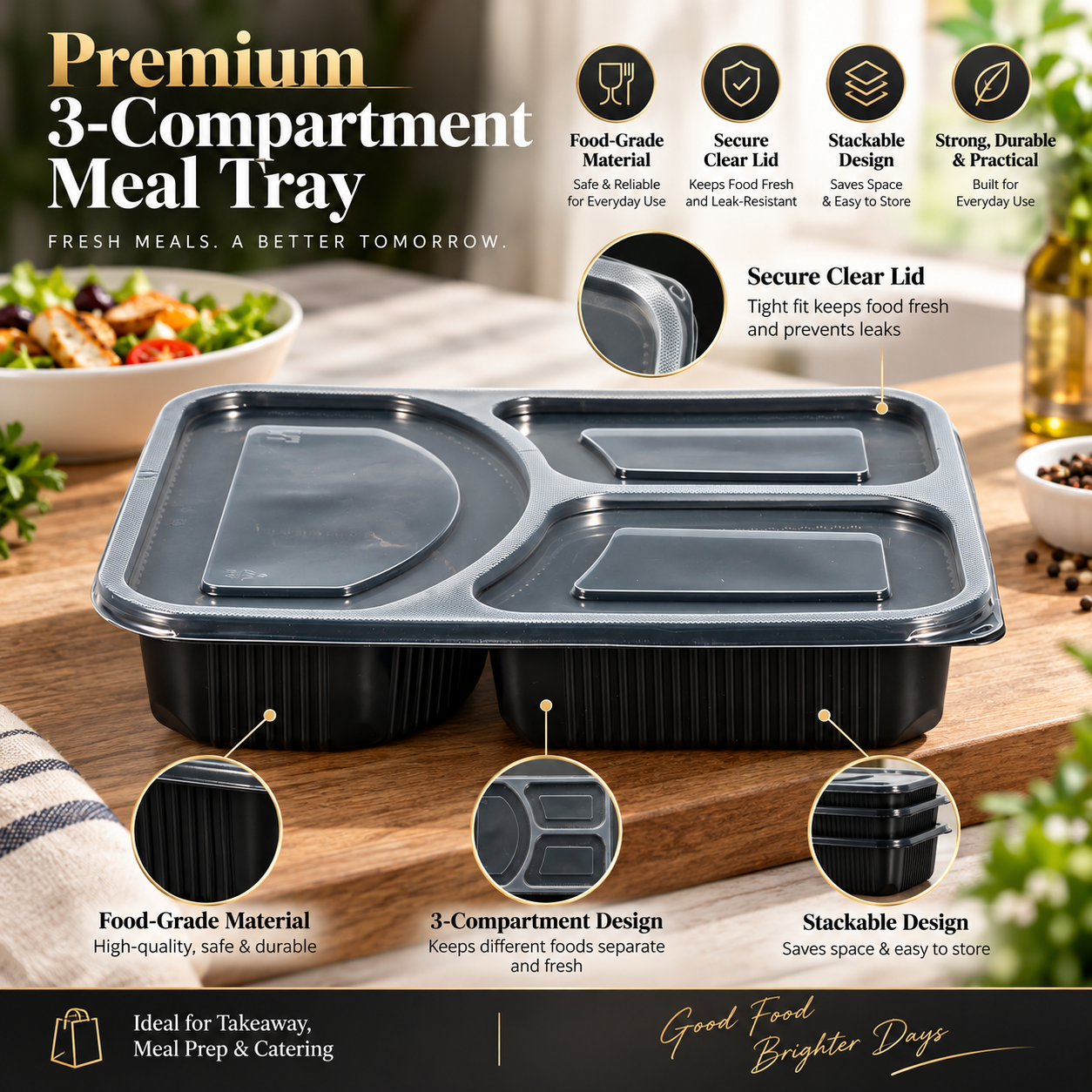 1100ml PP 3-Compartment Leak-Resistant Meal Container SKU FG2-03 - Gallery Image