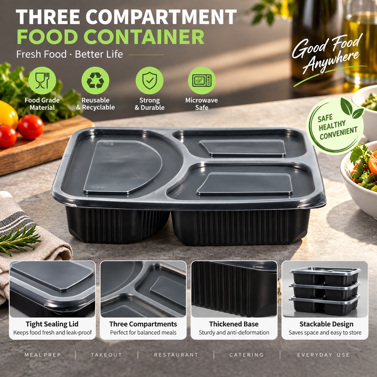 1100ml PP 3-Compartment Leak-Resistant Meal Container SKU FG2-03 - Gallery Image