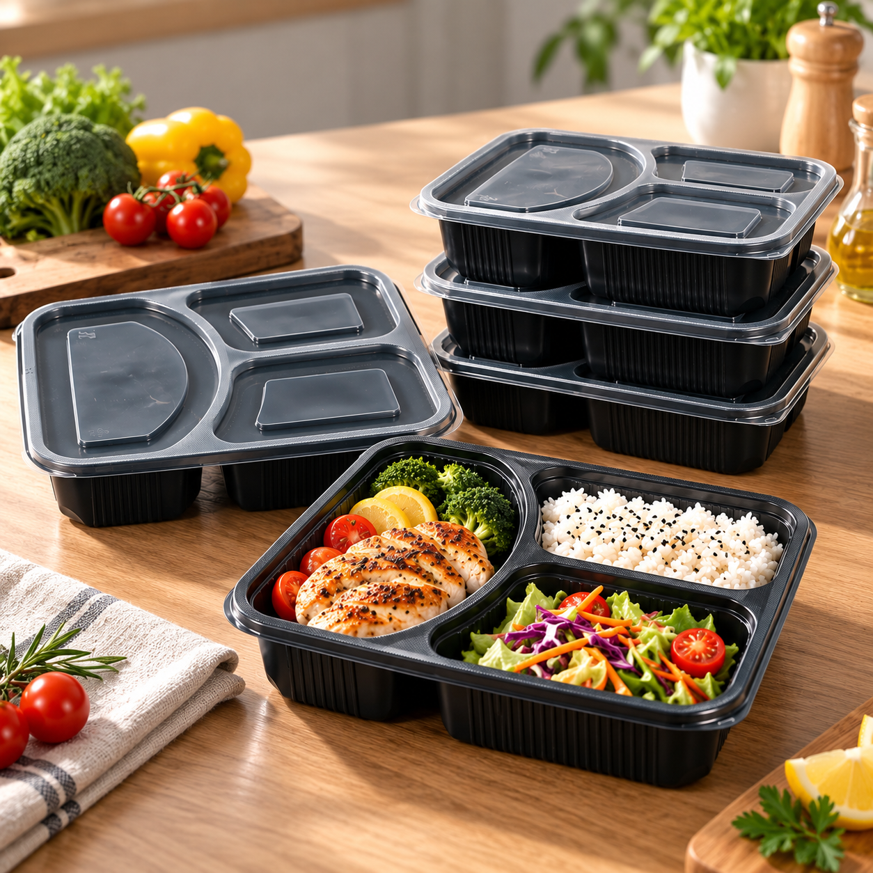 1100ml PP 3-Compartment Leak-Resistant Meal Container SKU FG2-03 - Gallery Image