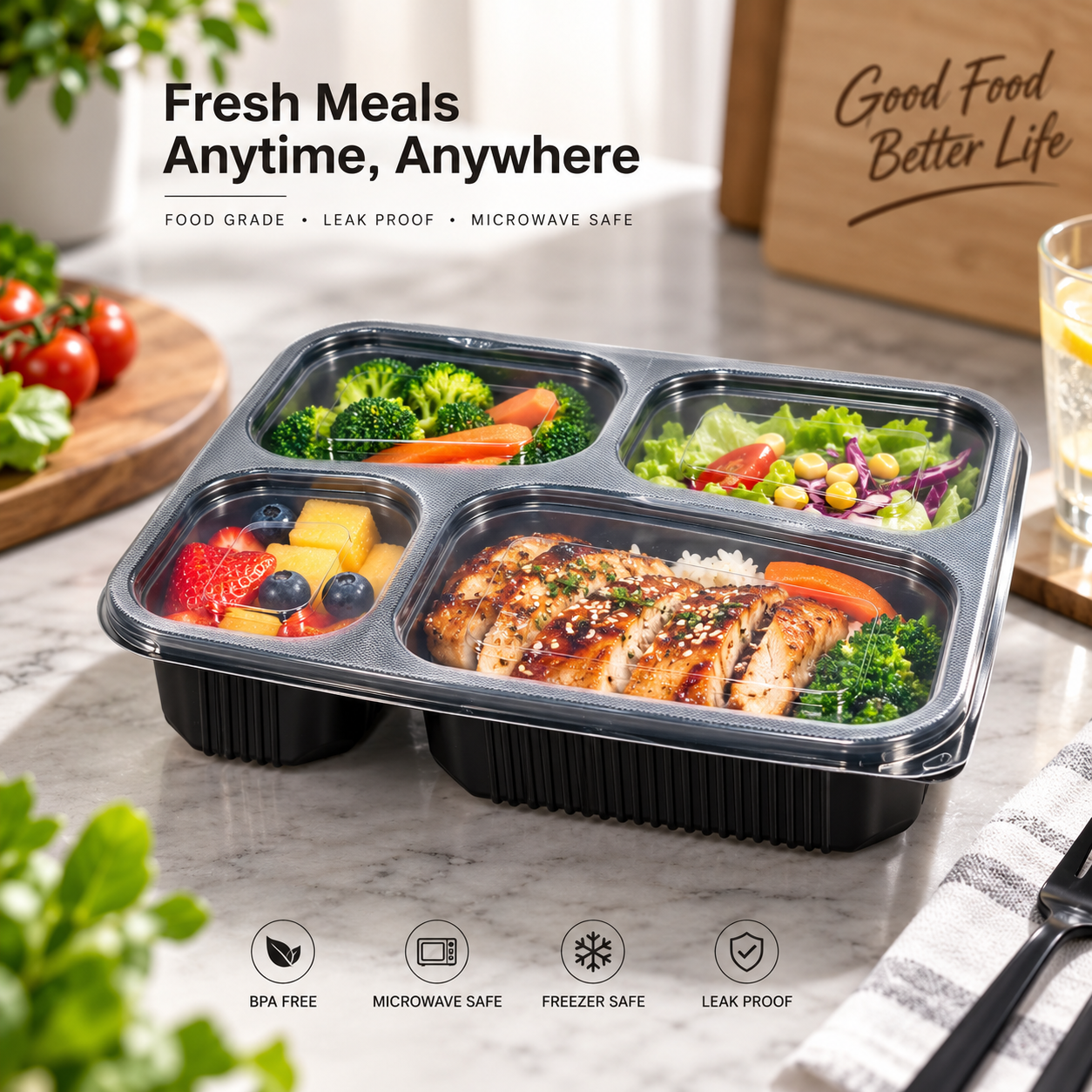 1100ml PP 4-Compartment Leak-Resistant Meal Container SKU FG2-04 food container