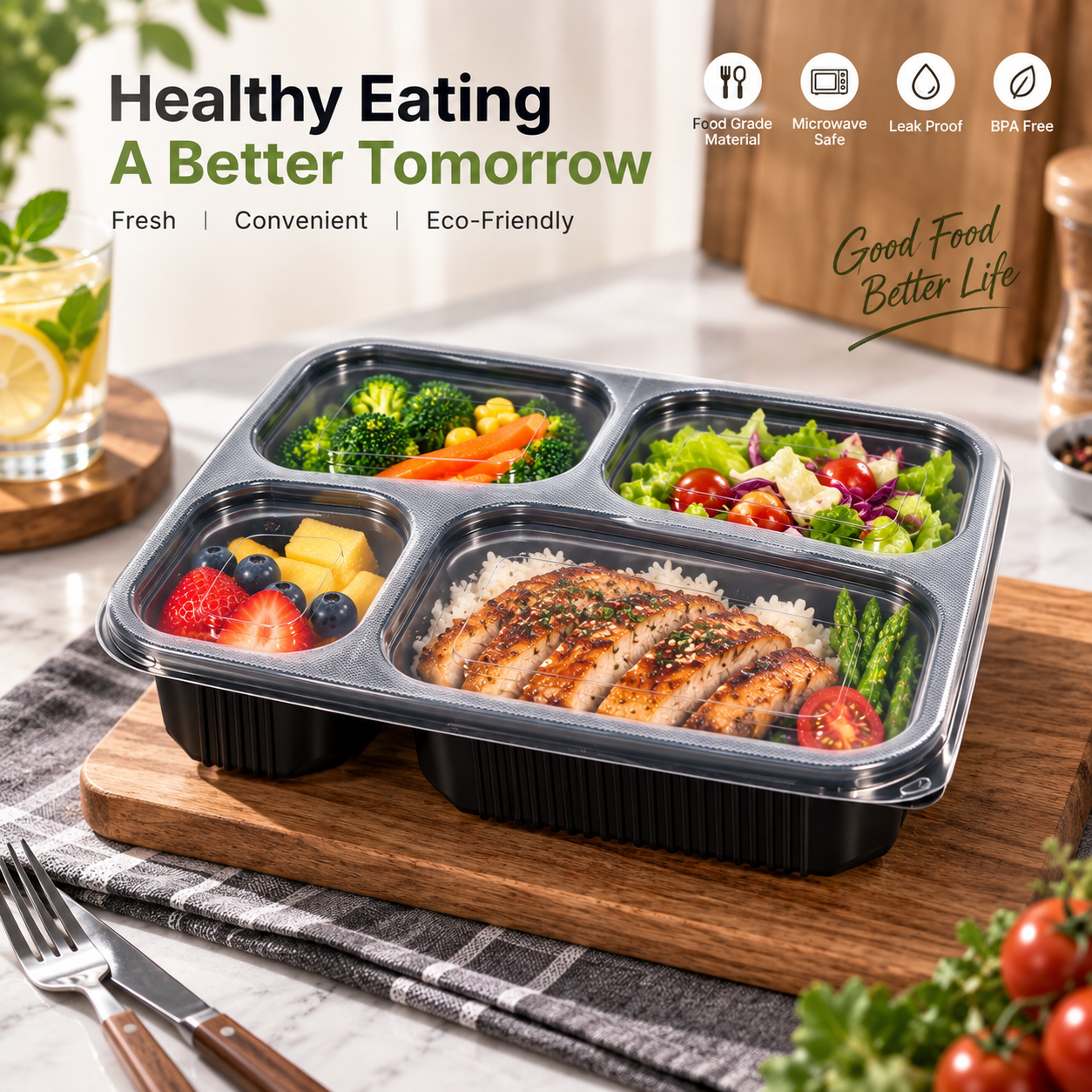 1100ml PP 4-Compartment Leak-Resistant Meal Container SKU FG2-04 - Gallery Image