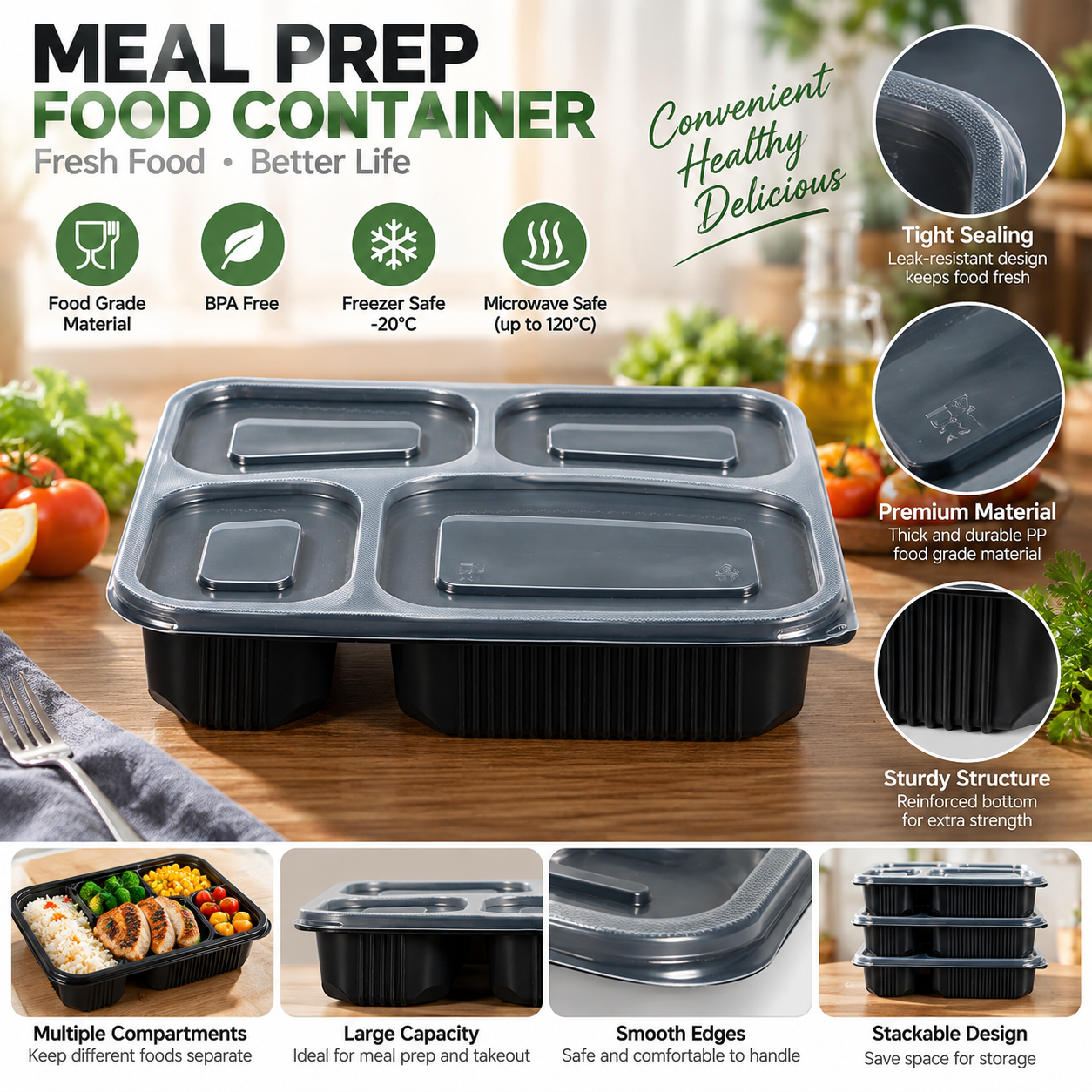 1100ml PP 4-Compartment Leak-Resistant Meal Container SKU FG2-04 - Gallery Image