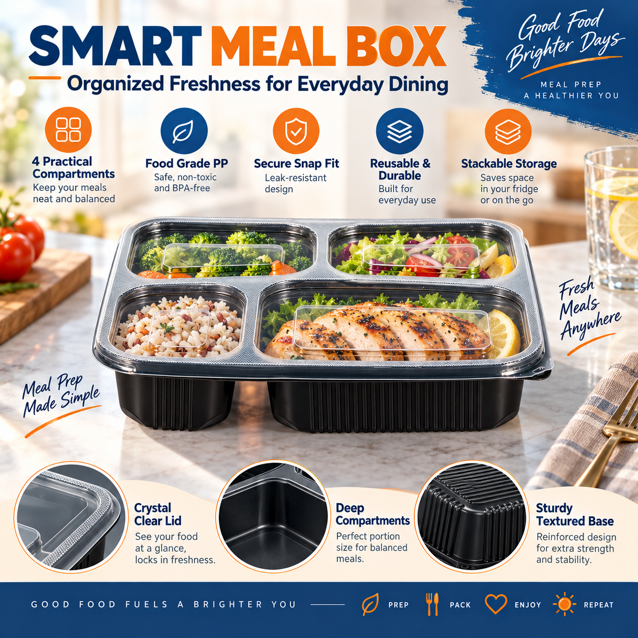 1100ml PP 4-Compartment Leak-Resistant Meal Container SKU FG2-04 - Gallery Image