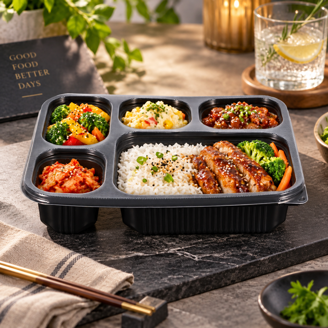 1000ml PP 5-Compartment Leak-Resistant Meal Container SKU FG2-05 - Gallery Image