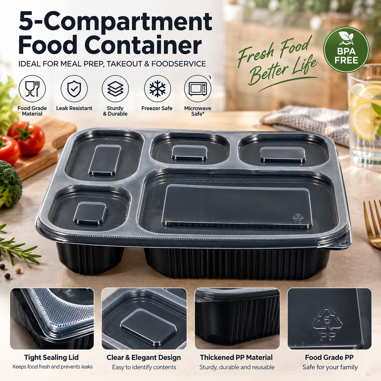1000ml PP 5-Compartment Leak-Resistant Meal Container SKU FG2-05 - Gallery Image