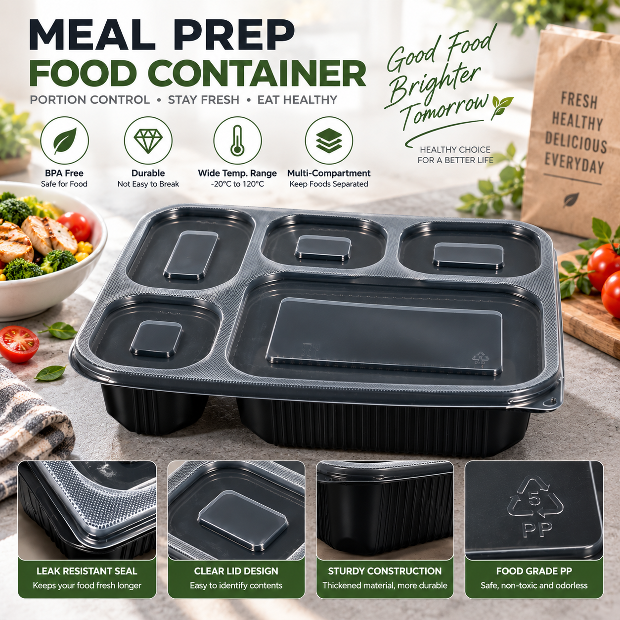 1000ml PP 5-Compartment Leak-Resistant Meal Container SKU FG2-05 - Gallery Image