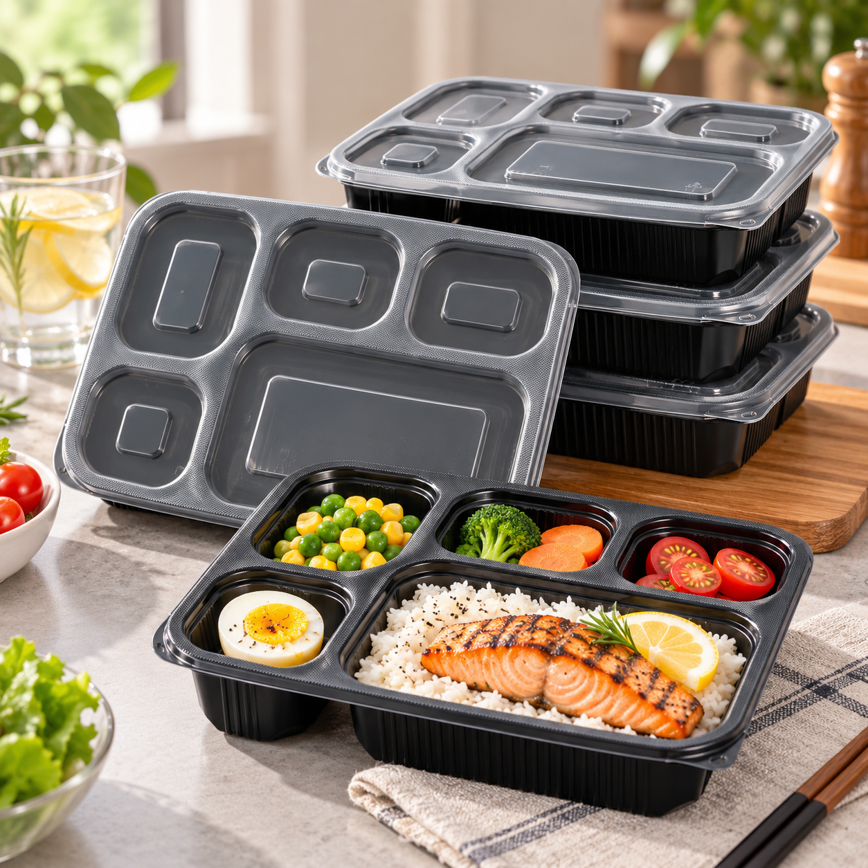 Takeaway food container with healthy meal