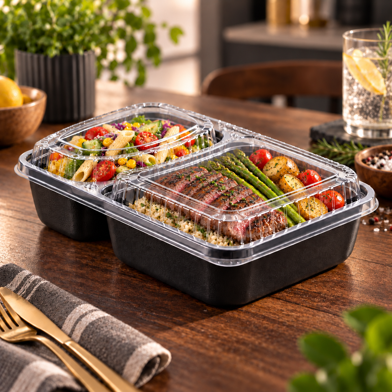 1200ml PP 2-Compartment Leak-Resistant Meal Container SKU FG2-02TZ TG - Gallery Image