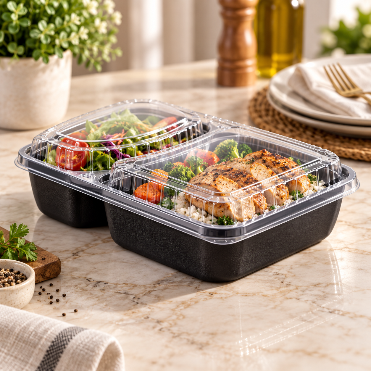 1200ml PP 2-Compartment Leak-Resistant Meal Container SKU FG2-02TZ TG food container