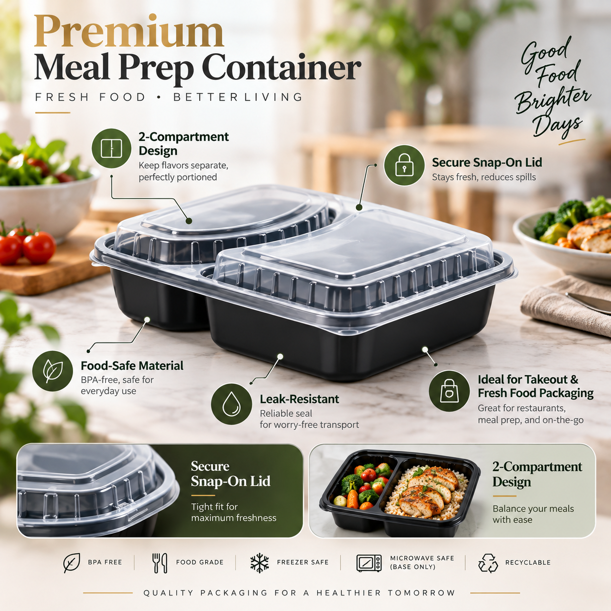 1200ml PP 2-Compartment Leak-Resistant Meal Container SKU FG2-02TZ TG - Gallery Image