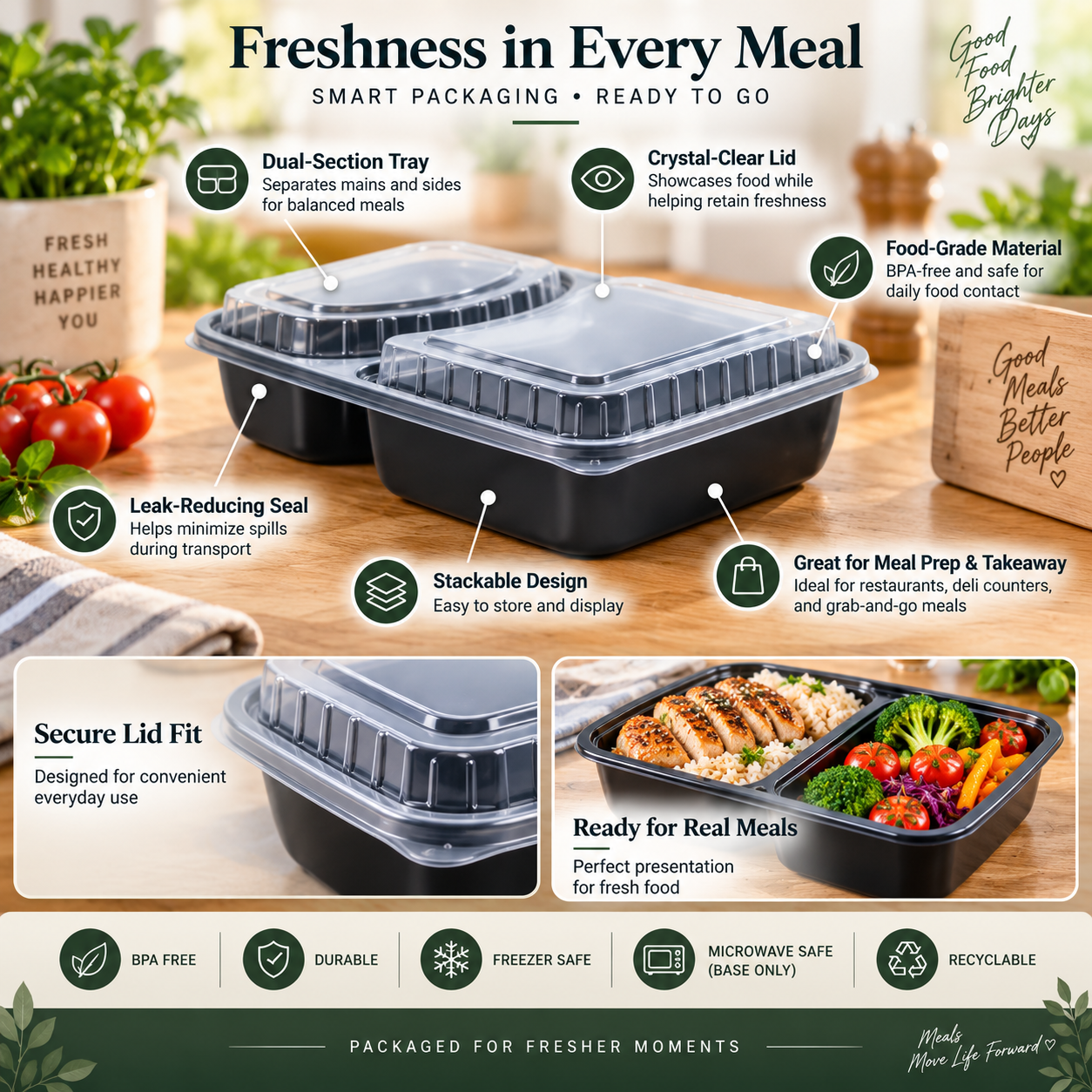 1200ml PP 2-Compartment Leak-Resistant Meal Container SKU FG2-02TZ TG - Gallery Image
