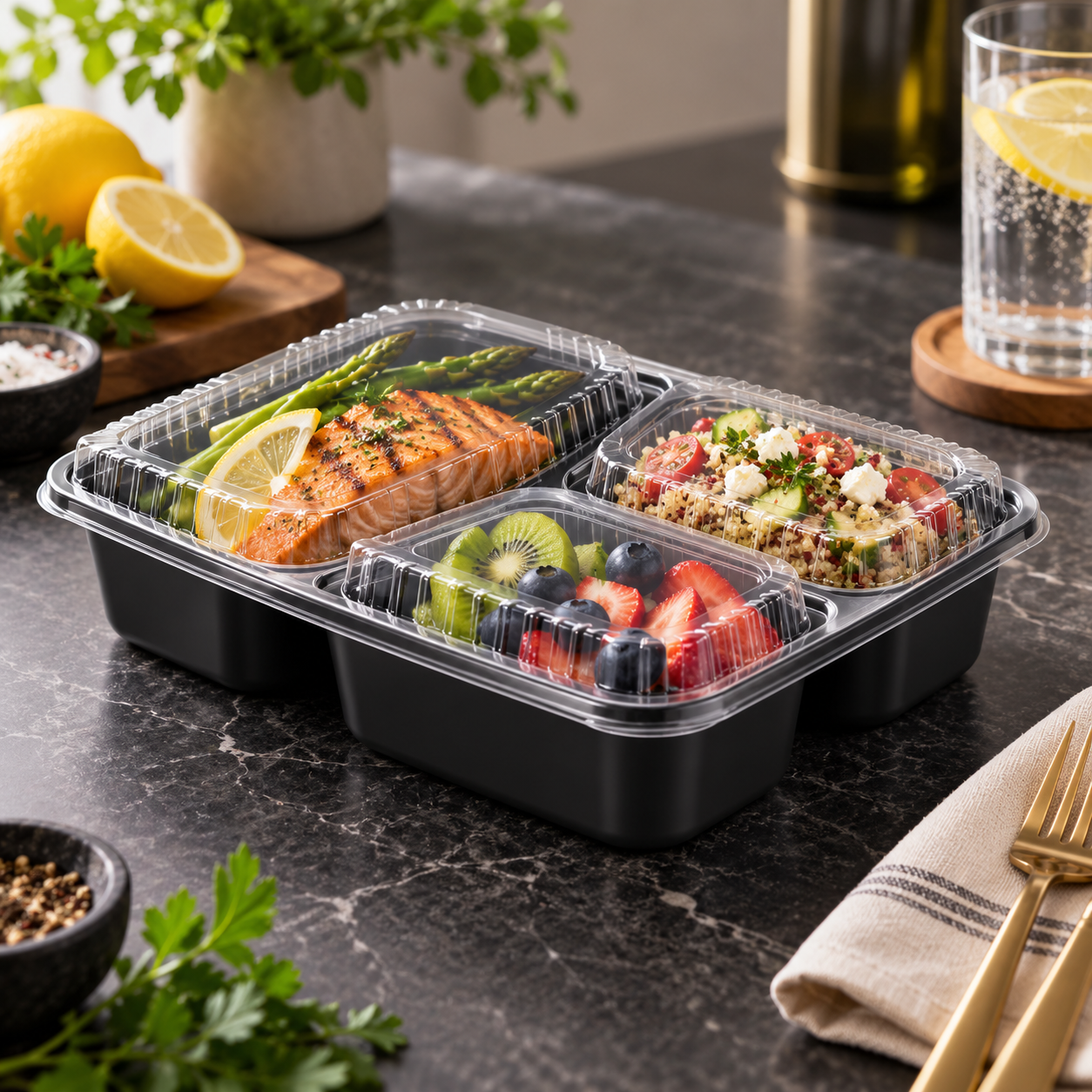 1100ml PP 3-Compartment Leak-Resistant Meal Container SKU FG2-03TZ TG food container