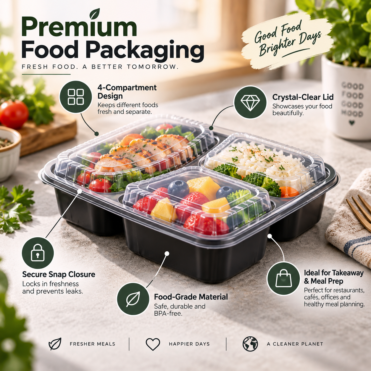 1100ml PP 3-Compartment Leak-Resistant Meal Container SKU FG2-03TZ TG - Gallery Image