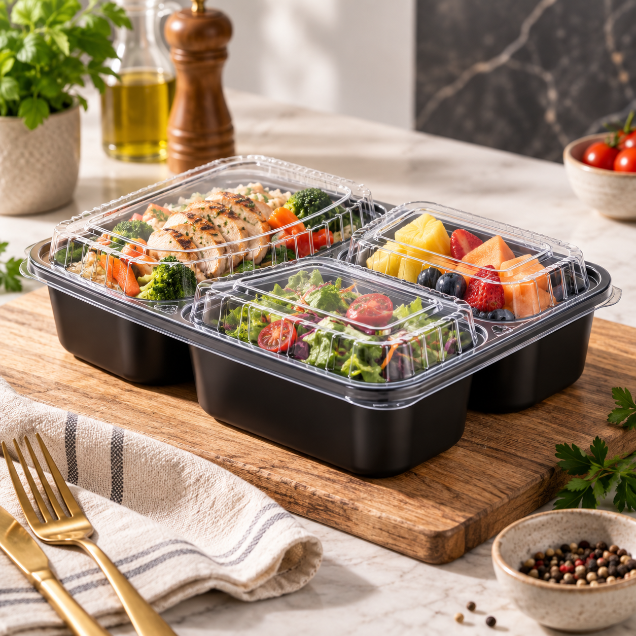 1100ml PP 3-Compartment Leak-Resistant Meal Container SKU FG2-03TZ TG - Gallery Image