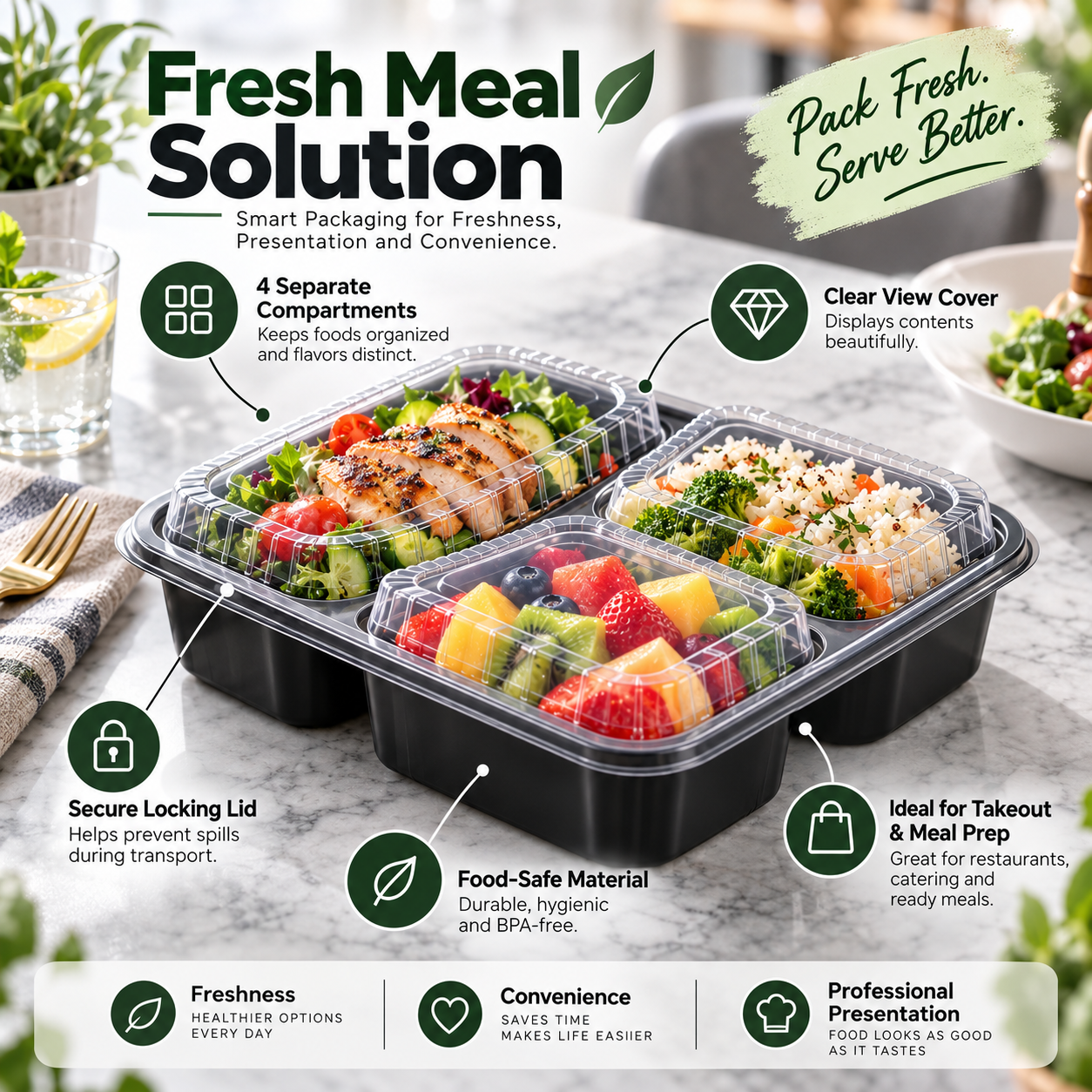 1100ml PP 3-Compartment Leak-Resistant Meal Container SKU FG2-03TZ TG - Gallery Image