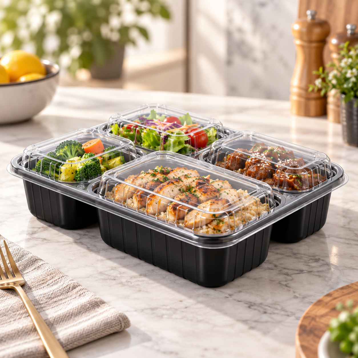 1100ml PP 4-Compartment Leak-Resistant Meal Container SKU FG2-04TZ TG food container