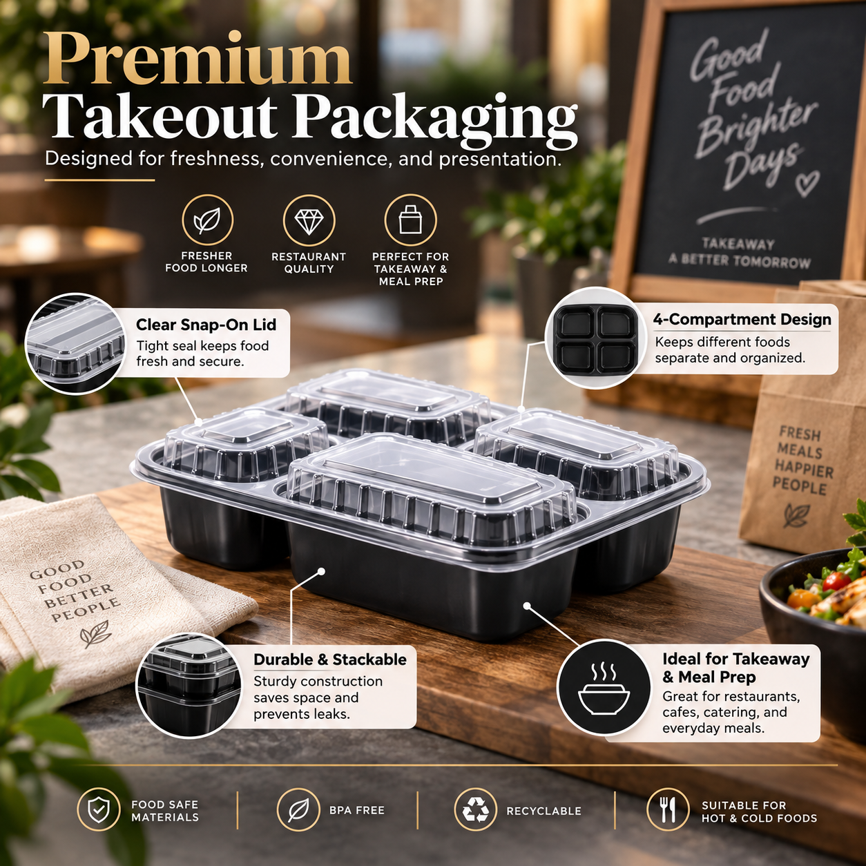 1100ml PP 4-Compartment Leak-Resistant Meal Container SKU FG2-04TZ TG - Gallery Image