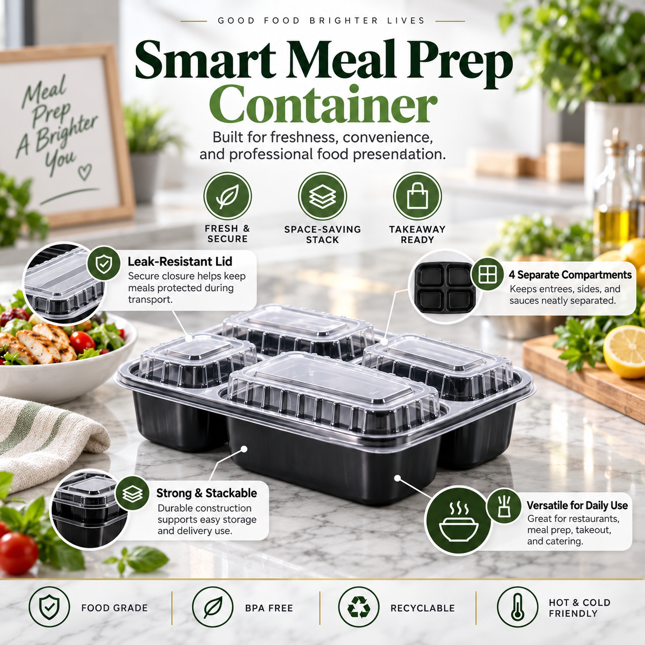 1100ml PP 4-Compartment Leak-Resistant Meal Container SKU FG2-04TZ TG - Gallery Image