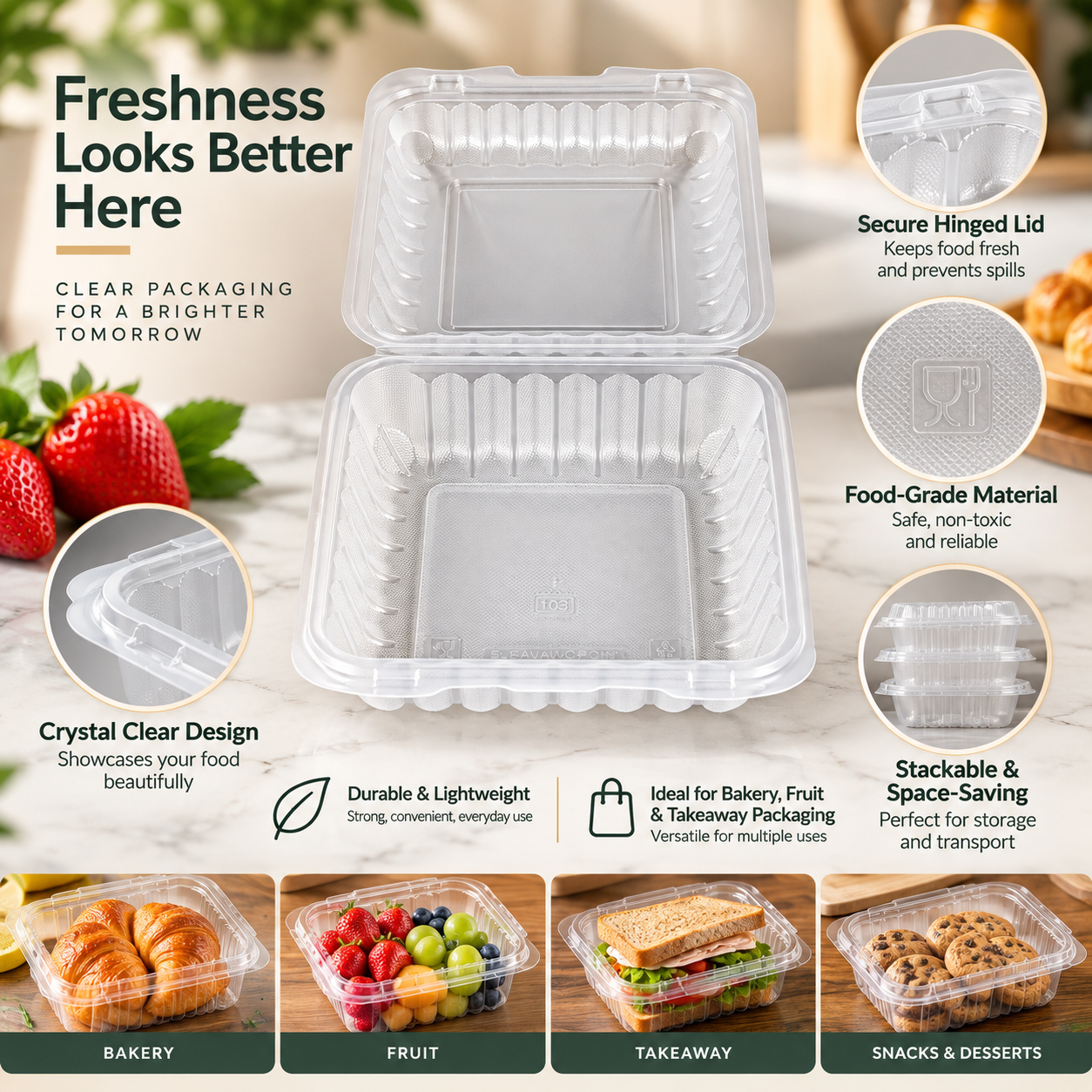 900ml PP 3-Compartment Hinged Food Container SKU 783 - Gallery Image