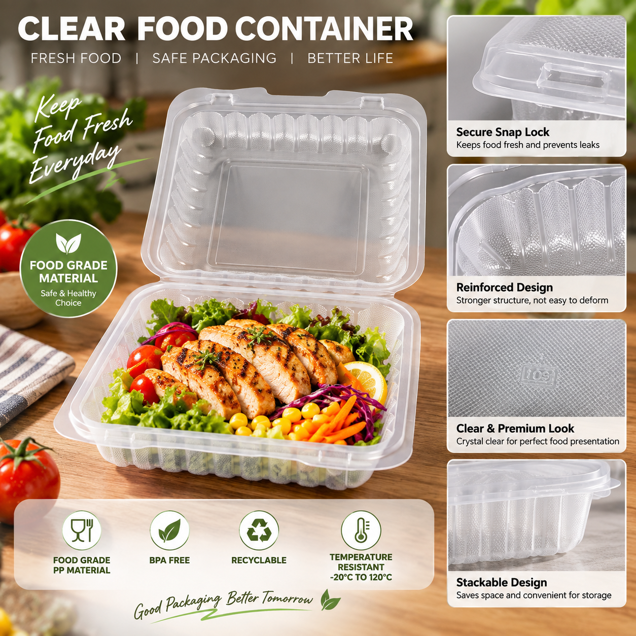 900ml PP 3-Compartment Hinged Food Container SKU 783 - Gallery Image