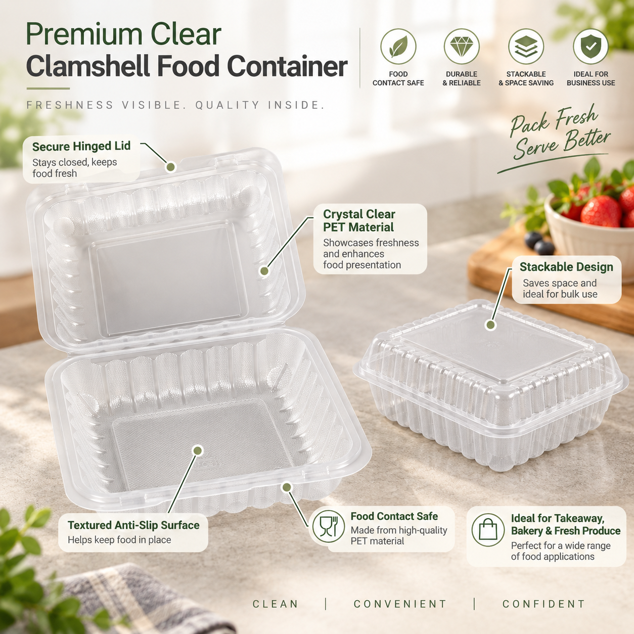 1000ml PP 3-Compartment Hinged Food Container SKU 803 - Gallery Image