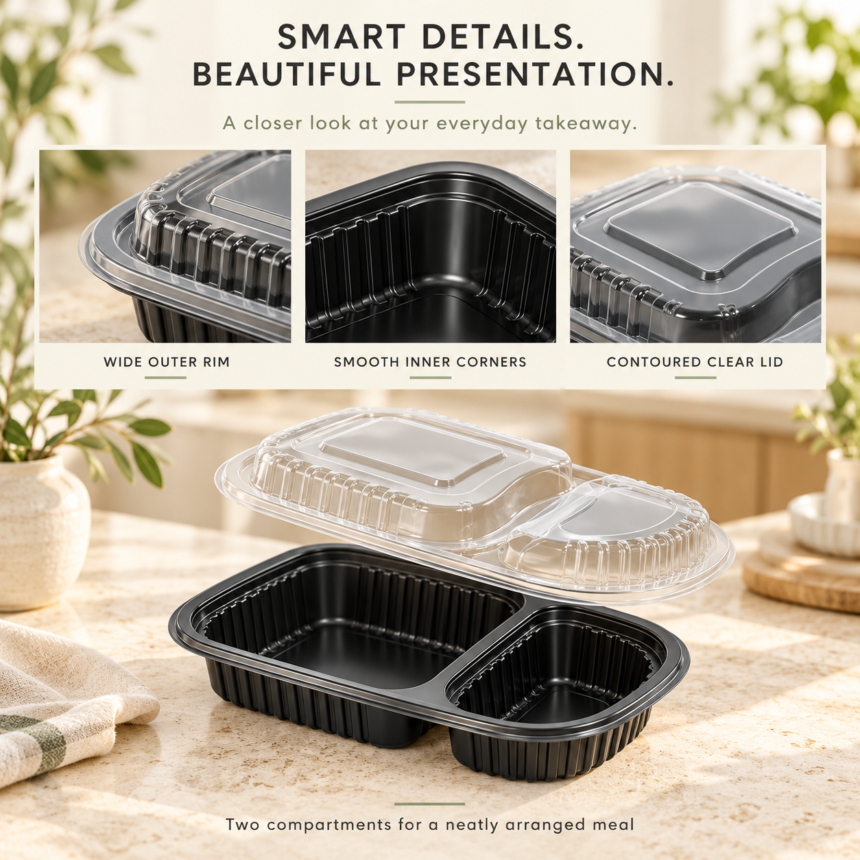 600ml PP 2-Compartment Oval Takeaway Container SKU FG-8010 - Gallery Image
