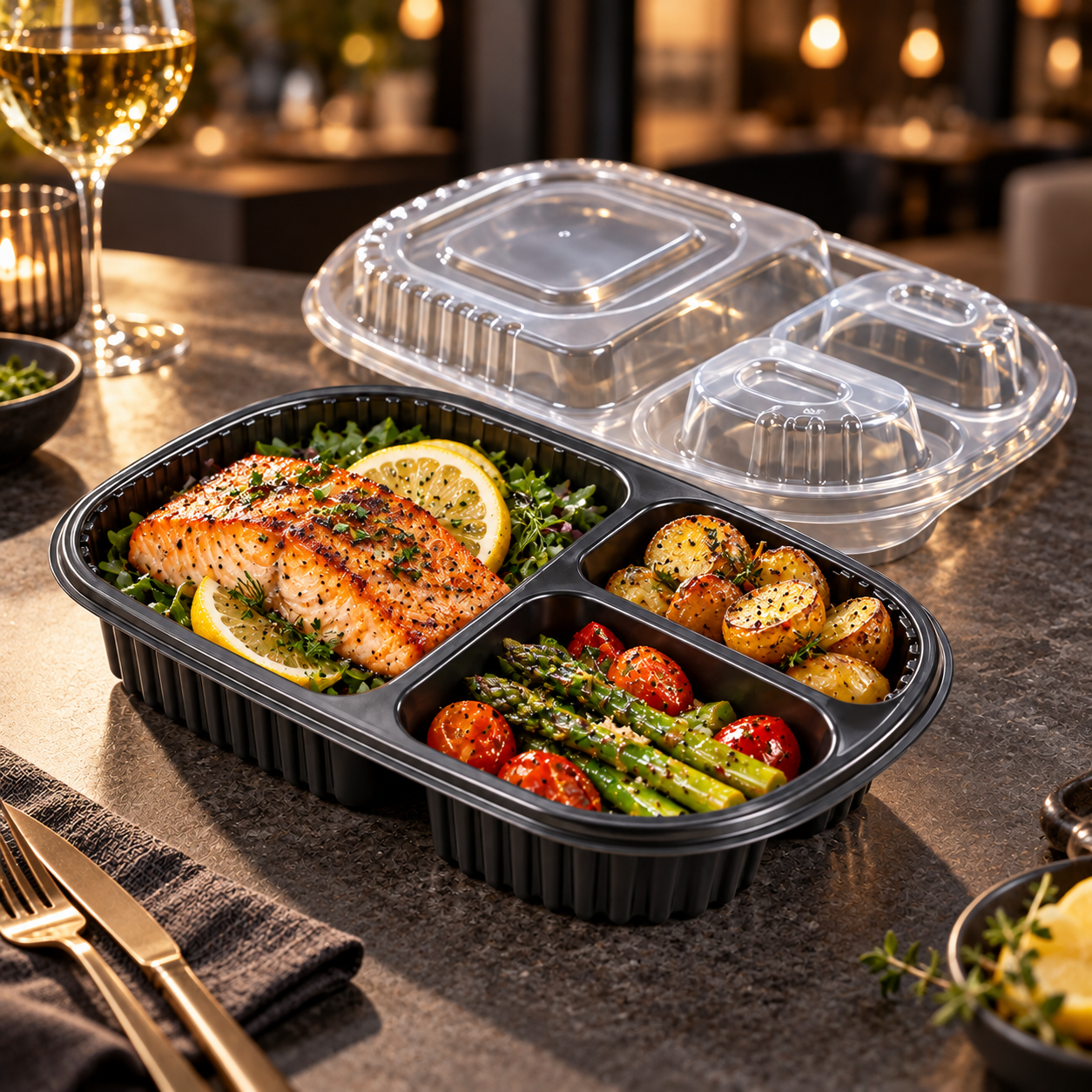 560ml PP 3-Compartment Oval Takeaway Container SKU FG-8020 - Gallery Image